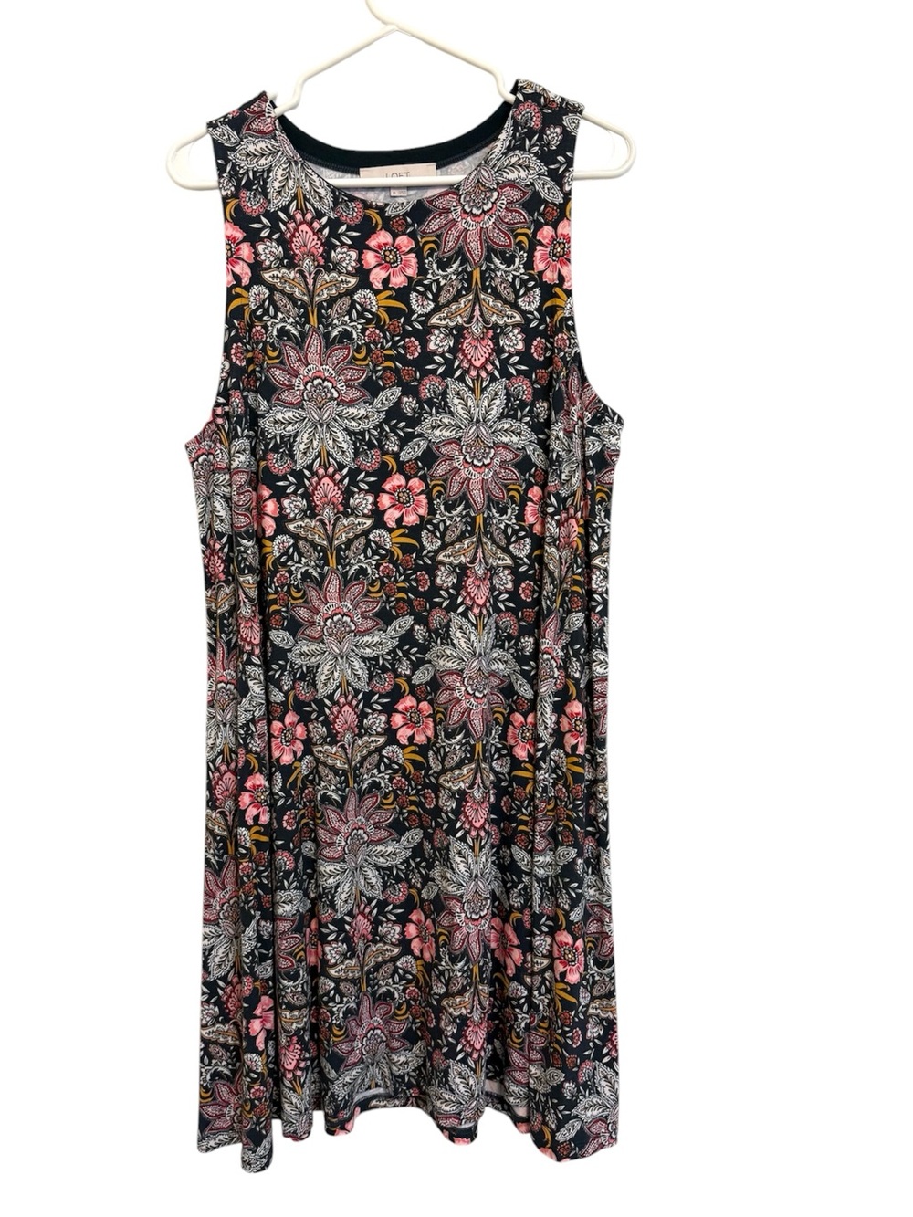 2/$30 LOFT Floral Sleeveless Swing Dress XL Boho Paisley Charcoal Pink